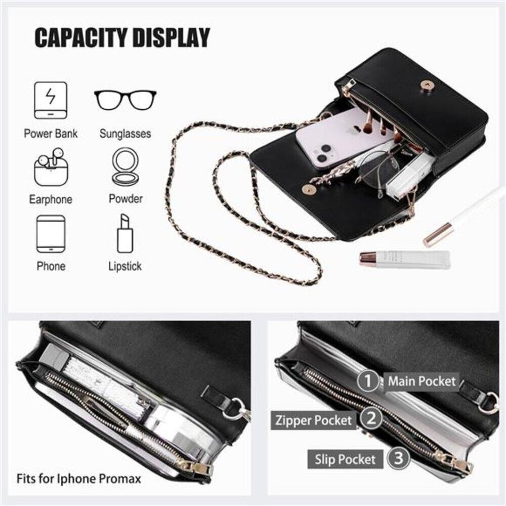 Small Black Quilted Crossbody Bag for Women – Vegan Leather Phone Wallet Purse - Picture 6 of 16